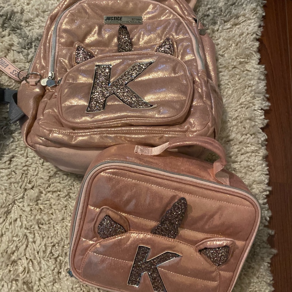 K rose gold unicorn justice back pack & lunchbox